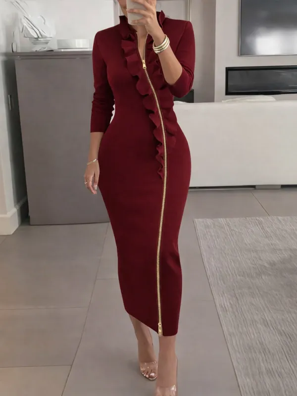 Elegant Ruffle Trim Two-Way Zip Bodycon Dress sold by zeagoo