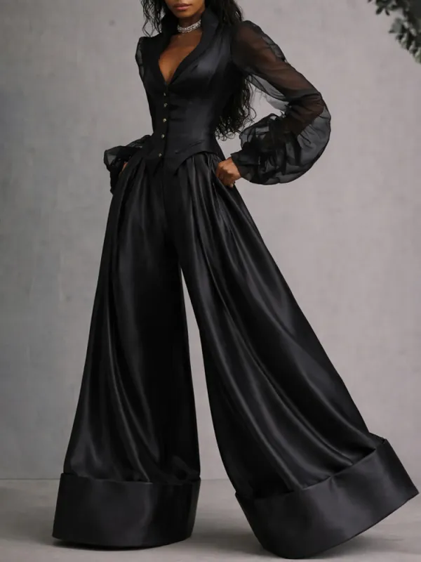 Luxury Sheer Sleeve Satin Blouse Wide Leg Pants made by zeagoo