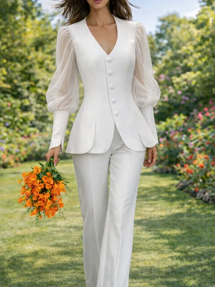 Chic Sheer Puff Sleeve Blouse Pants Suit Set sold by zeagoo product image thumbnail 3