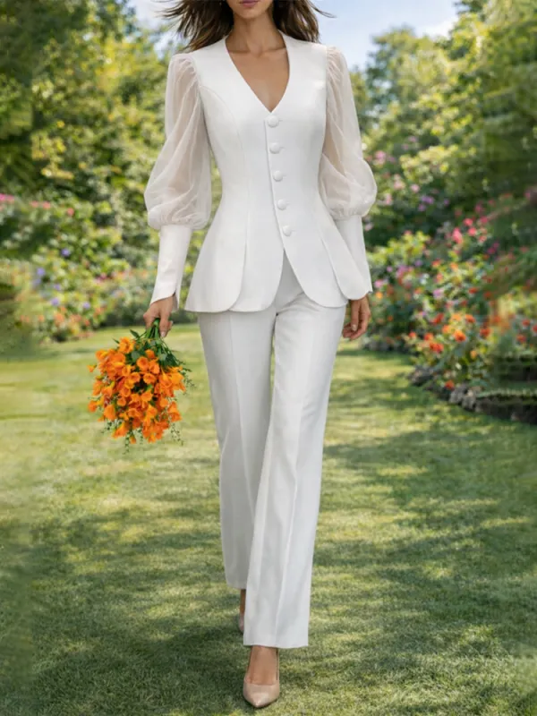 Chic Sheer Puff Sleeve Blouse Pants Suit Set made by zeagoo