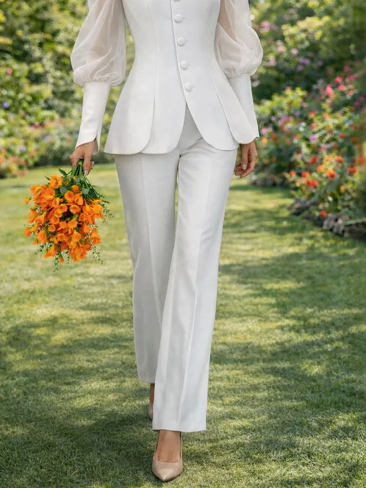 Chic Sheer Puff Sleeve Blouse Pants Suit Set sold by zeagoo product image thumbnail 4