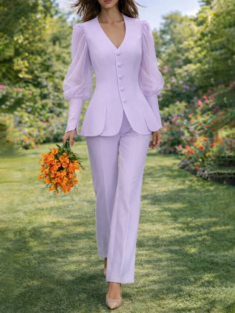 Chic Sheer Puff Sleeve Blouse Pants Suit Set sold by zeagoo product image thumbnail 2