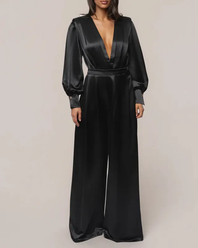 Elegant Satin Puff Sleeves Blouse Wide Leg Pants Set made by zeagoo