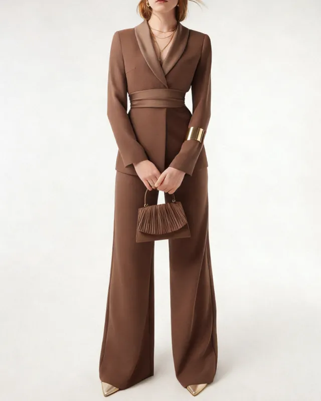 Smart Casual Blazer and Wide Leg Pants Suit set sold by zeagoo