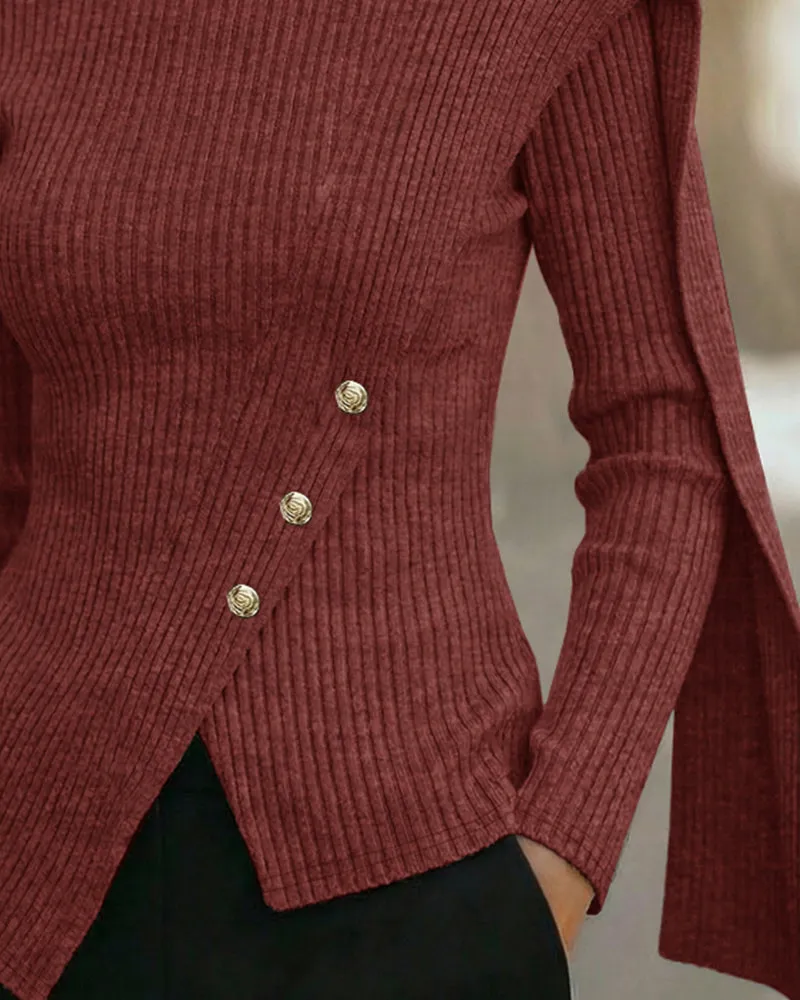 Elegant Mock Neck Button Accent Slit Hem Knit Top sold by zeagoo product image thumbnail 4