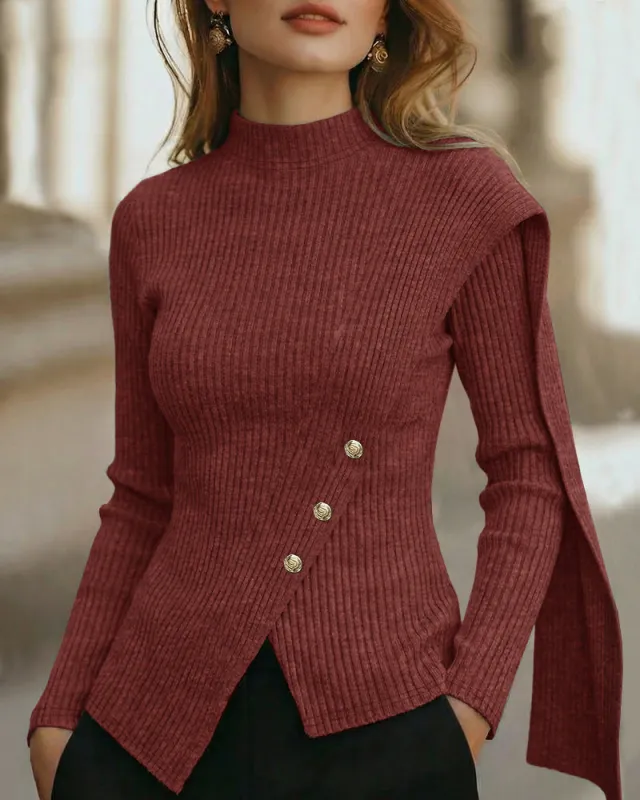 Elegant Mock Neck Button Accent Slit Hem Knit Top made by zeagoo