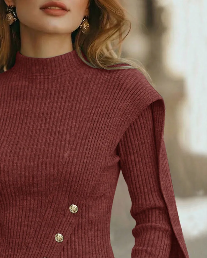 Elegant Mock Neck Button Accent Slit Hem Knit Top sold by zeagoo product image thumbnail 3