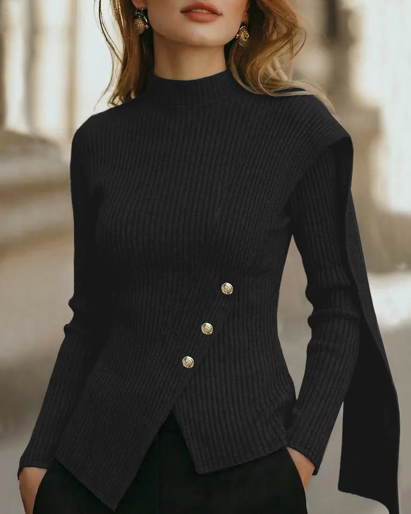 Elegant Mock Neck Button Accent Slit Hem Knit Top sold by zeagoo product image thumbnail 2