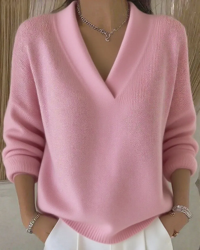 Classic Solid Loose Fit V-neck Sweater sold by zeagoo