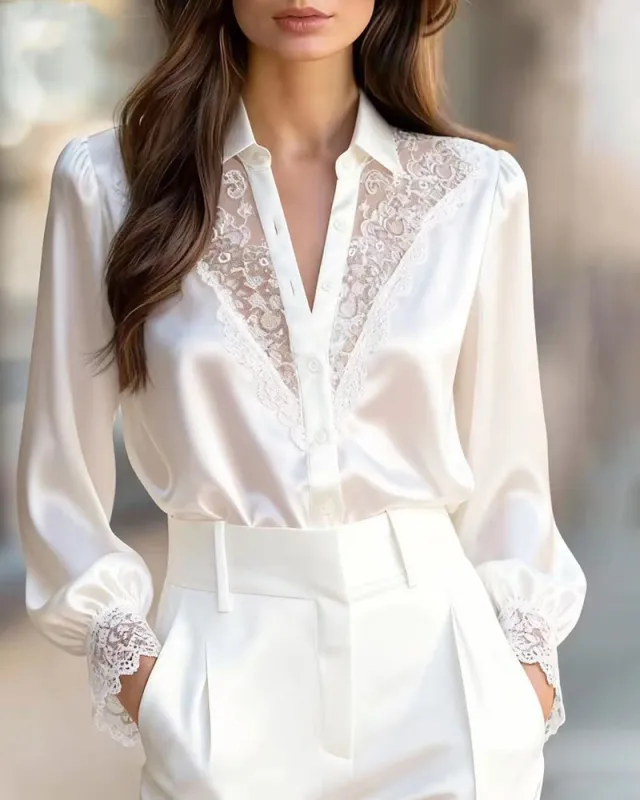 Zeagoo Urban V-neck Lace Splicing Puff Sleeve Blouse for Women Elegant Date Night Party 2026 | Under $40 made by zeagoo