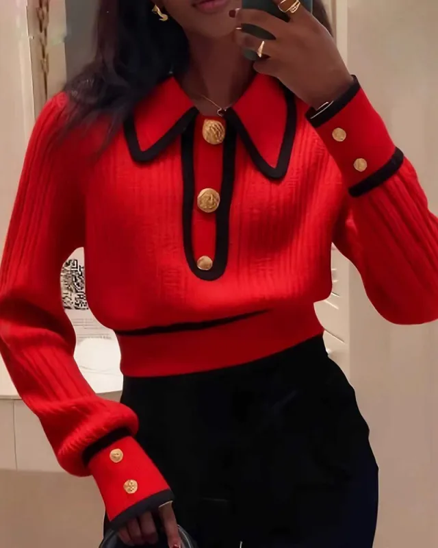 Casual Colorblock Crop Polo Sweater sold by zeagoo