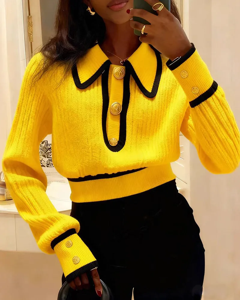 Casual Colorblock Crop Polo Sweater sold by zeagoo product image thumbnail 5