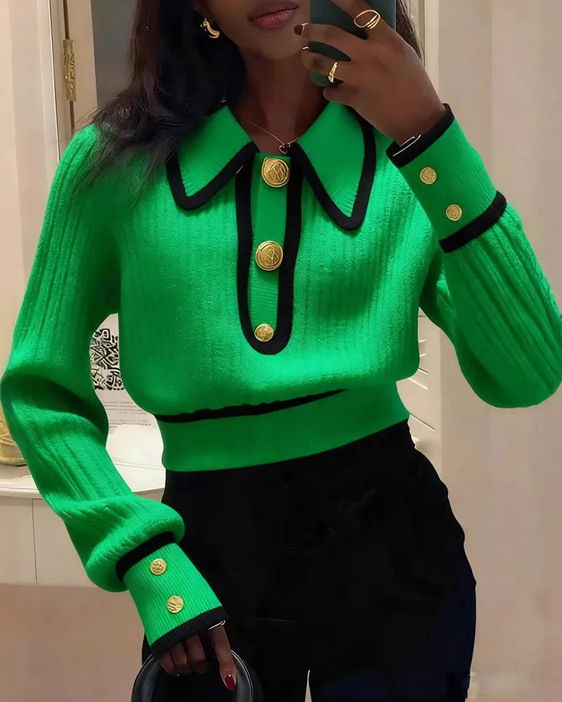 Casual Colorblock Crop Polo Sweater sold by zeagoo product image thumbnail 2