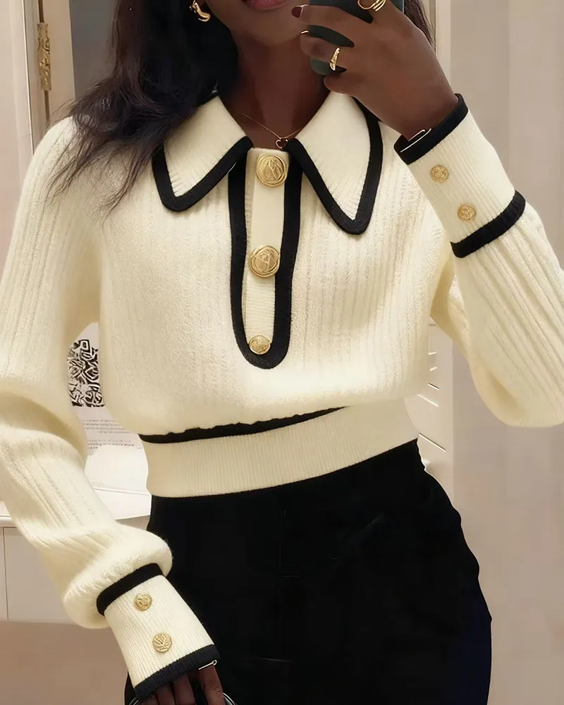 Casual Colorblock Crop Polo Sweater sold by zeagoo product image thumbnail 3