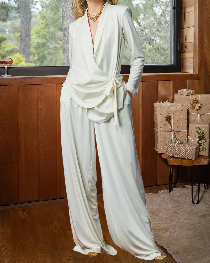 Elegant Effortless Style Tie-Waist Jacket and Pants Set sold by zeagoo