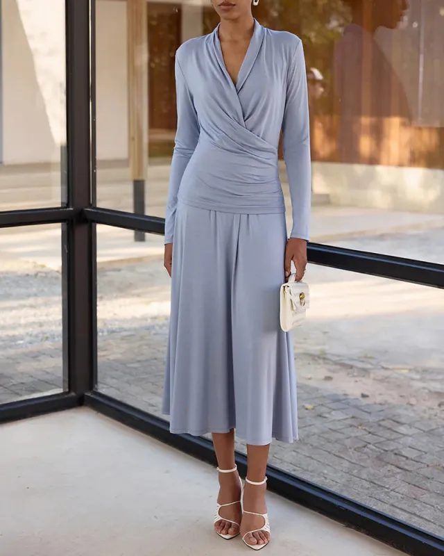 Effortless Style Draped Wrap Top and Midi Skirt Set sold by zeagoo