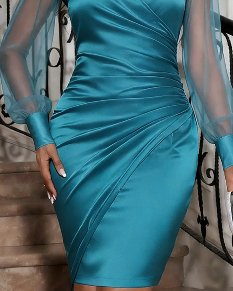 Elegant Satin Mesh Sleeve Ruched Wrap Dress sold by zeagoo product image thumbnail 4