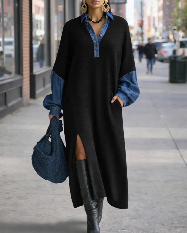 Stylish Relaxed Fit Denim Patchwork Maxi Dress made by zeagoo