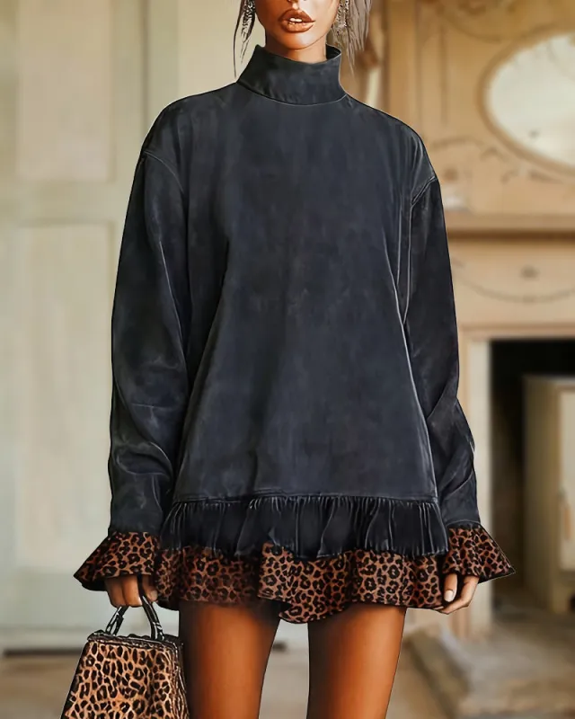 Vintage Leopard Pattern Suede Patchwork Short Dress sold by zeagoo