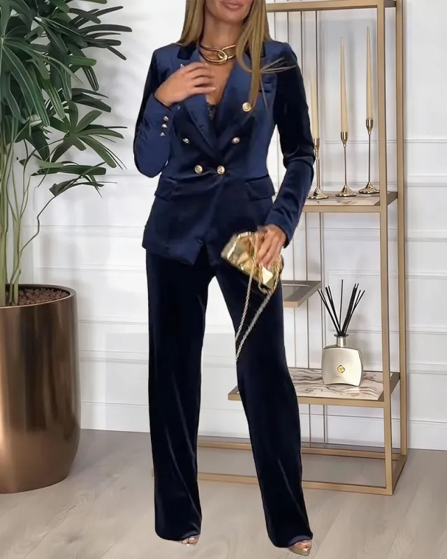 Smart Casual Velvet Double-Breasted Suit Set sold by zeagoo