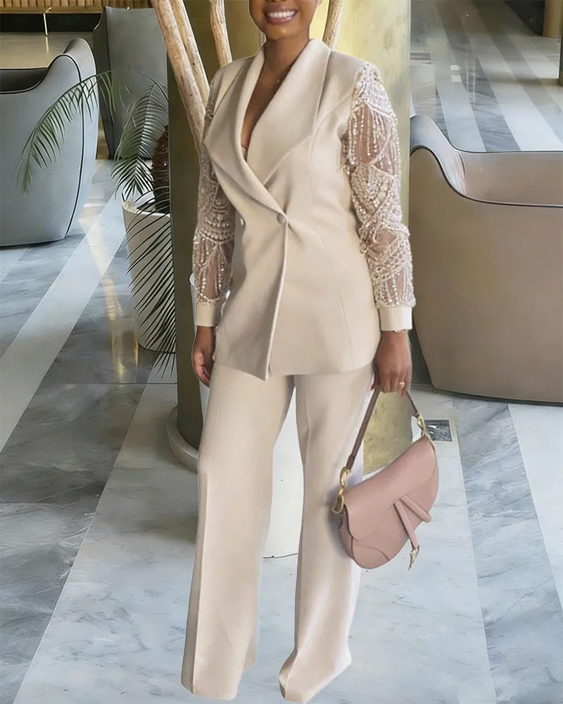 Business Casual Lace Sleeves Blazer and Pants Set sold by zeagoo