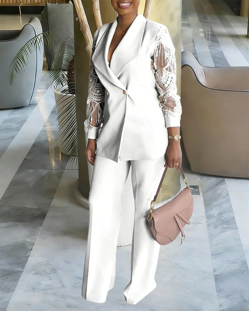 Business Casual Lace Sleeves Blazer and Pants Set sold by zeagoo product image thumbnail 2