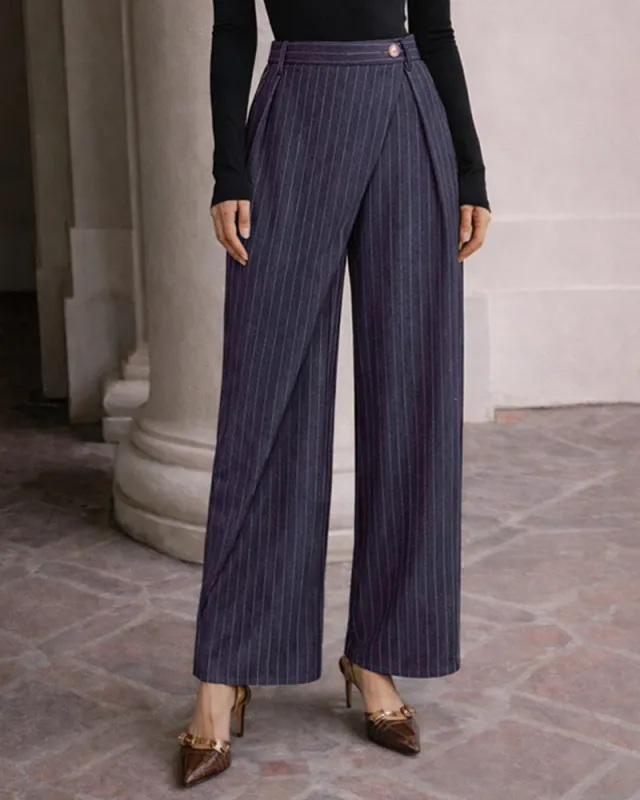 Business Casual Pleated Pinstripe Wide Leg Pants sold by zeagoo
