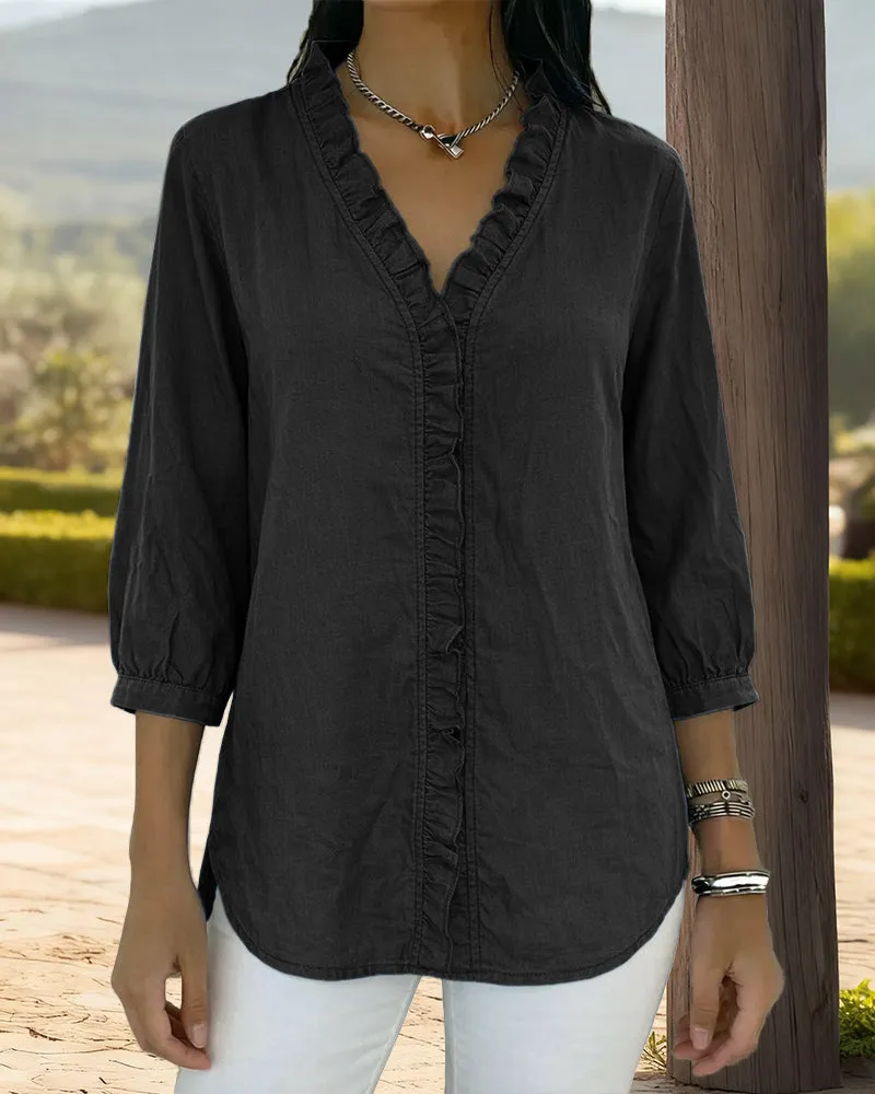 Trendy V-neck Ruffled Trim Lantern Sleeve Blouse sold by zeagoo product image thumbnail 5