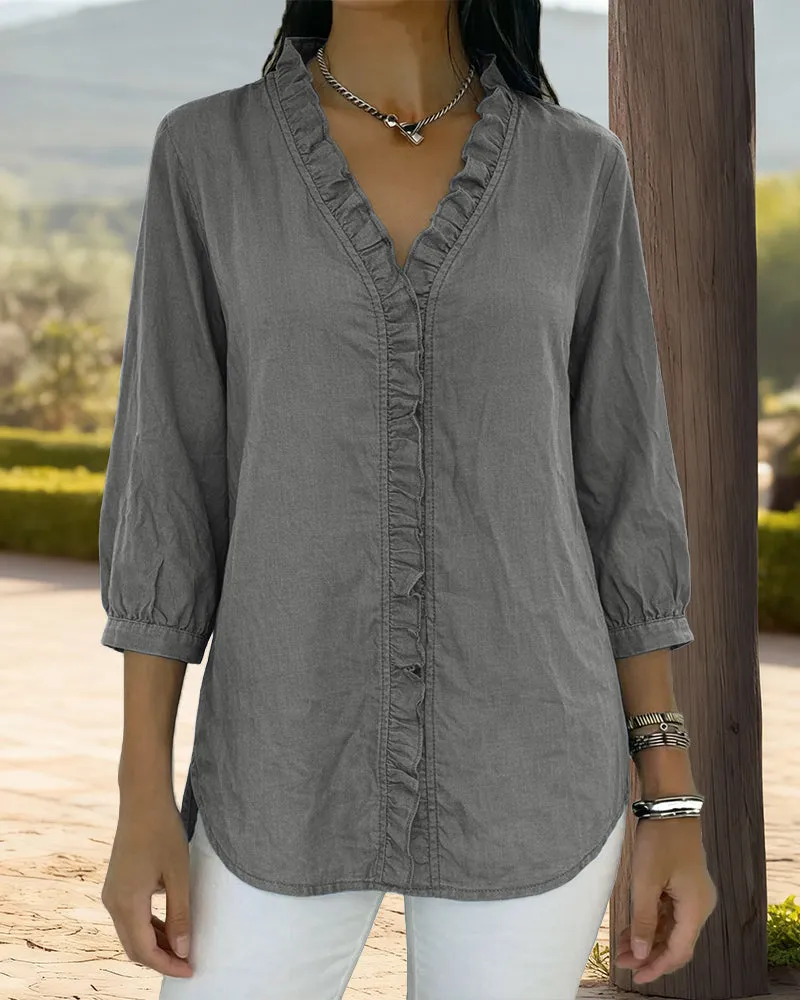 Trendy V-neck Ruffled Trim Lantern Sleeve Blouse sold by zeagoo product image thumbnail 3