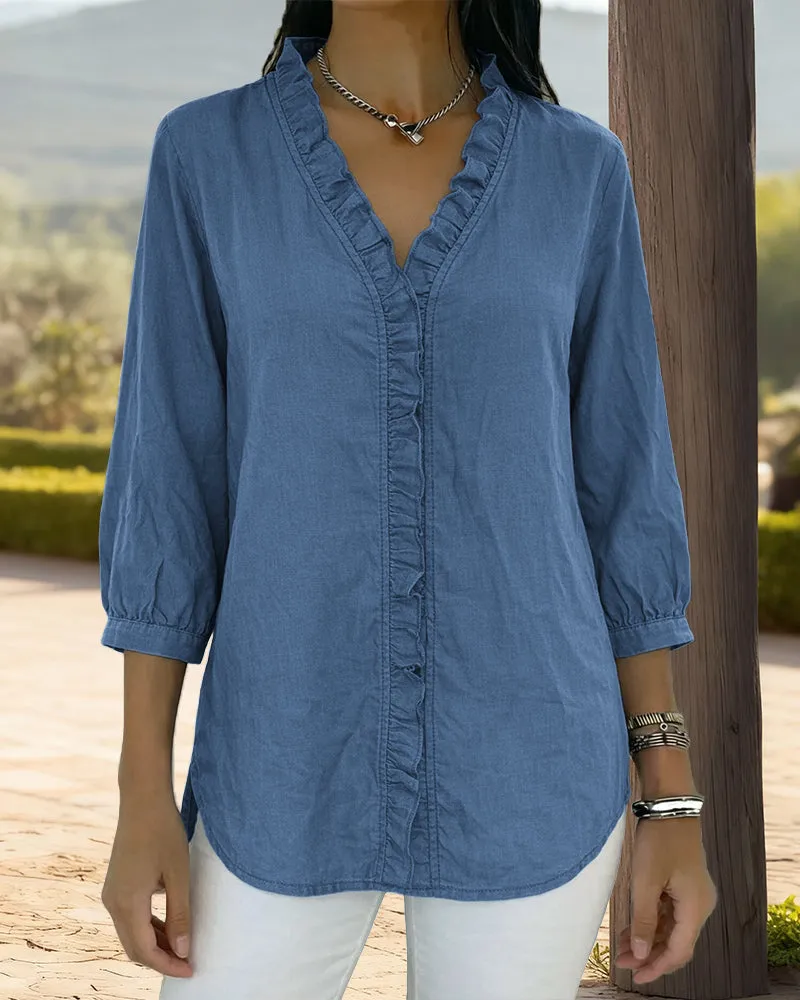 Trendy V-neck Ruffled Trim Lantern Sleeve Blouse sold by zeagoo product image thumbnail 2