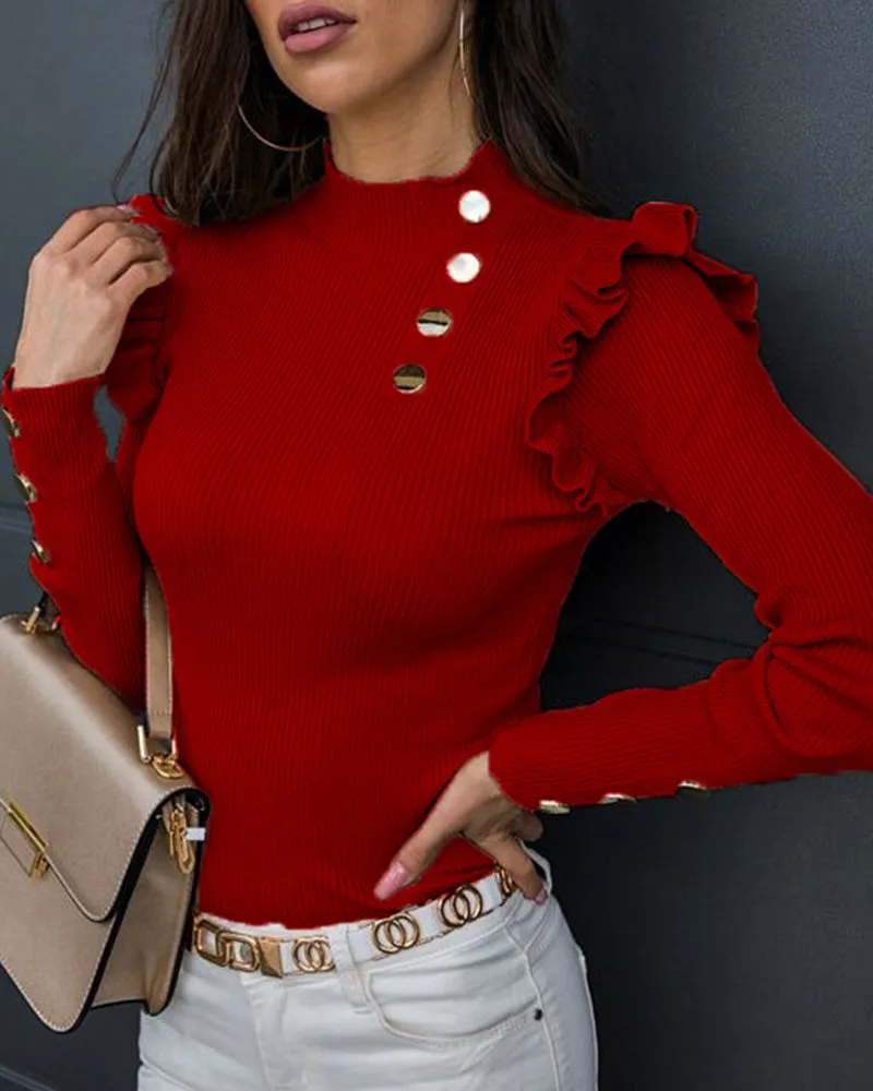 Elegant Ruffle Trim Button Detail Rib Blouse sold by zeagoo product image thumbnail 5