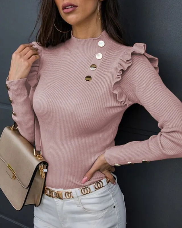 Elegant Ruffle Trim Button Detail Rib Blouse made by zeagoo