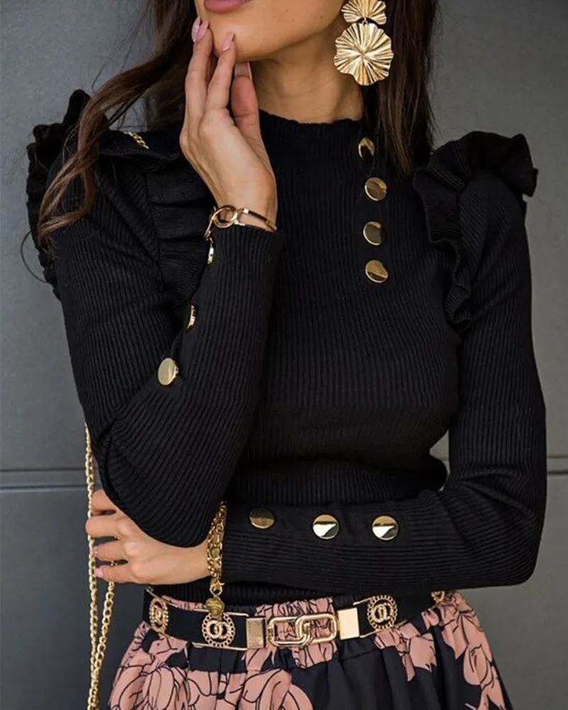 Elegant Ruffle Trim Button Detail Rib Blouse sold by zeagoo product image thumbnail 3