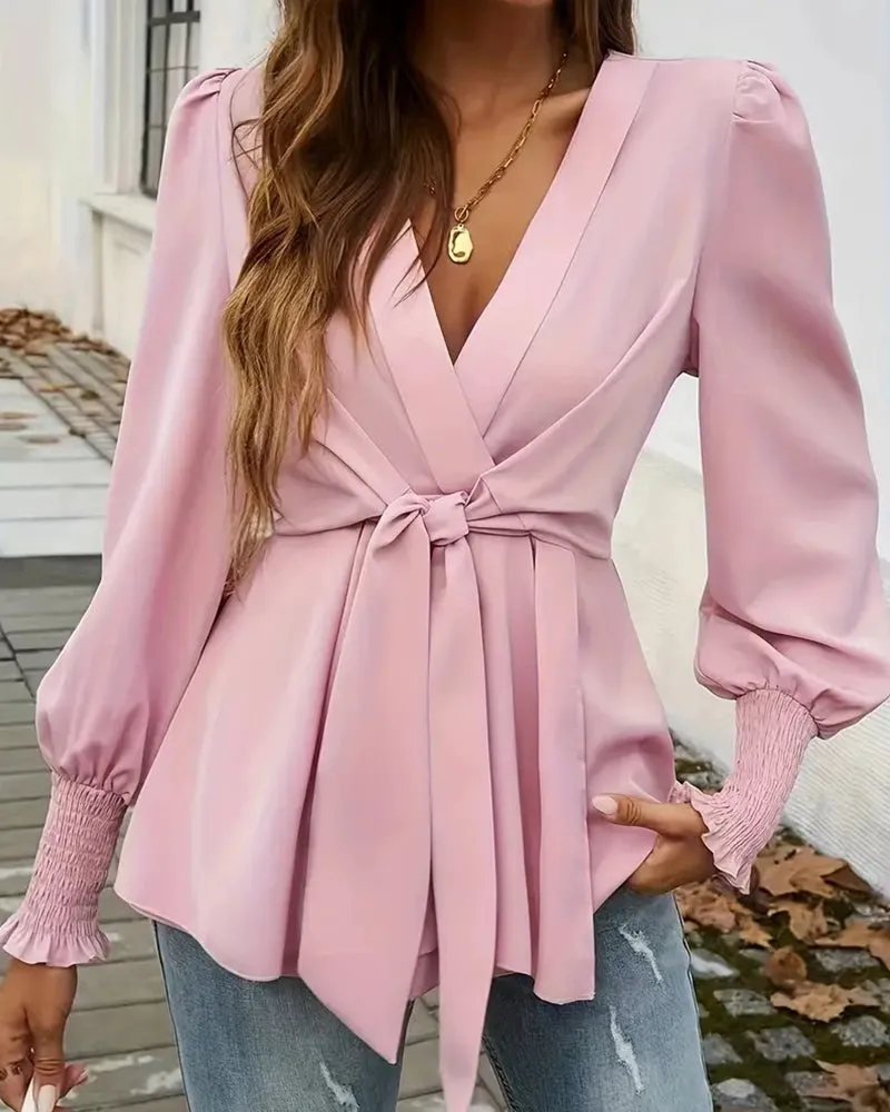 Elegant Tie Waist V-Neck Wrap Blouse sold by zeagoo product image thumbnail 4