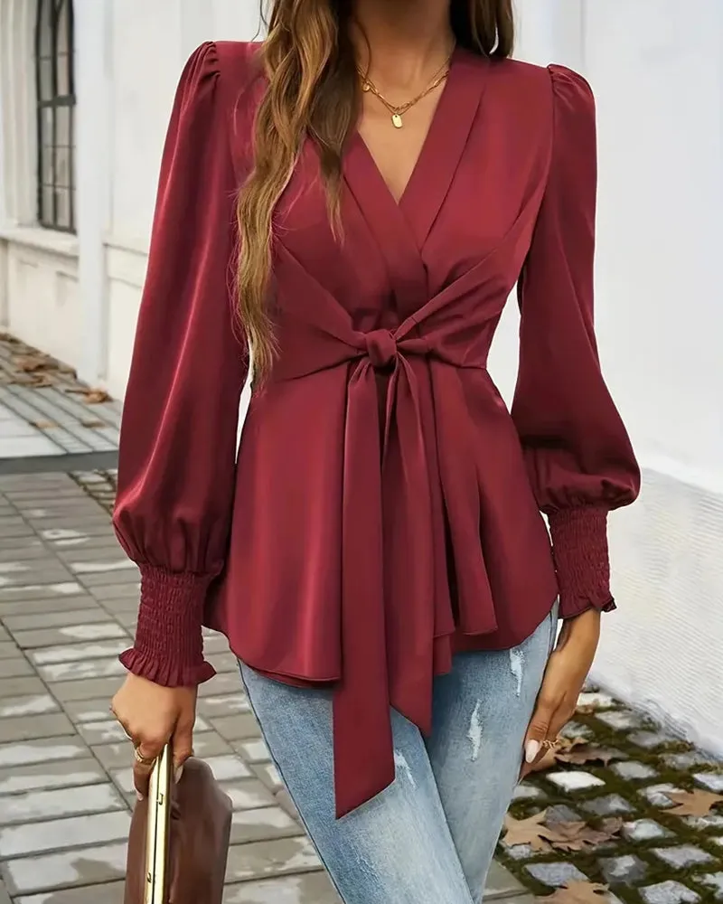 Elegant Tie Waist V-Neck Wrap Blouse sold by zeagoo product image thumbnail 2