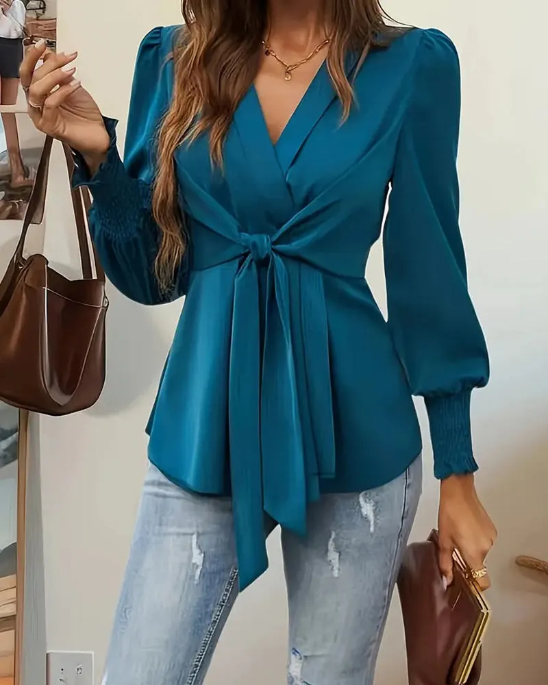 Elegant Tie Waist V-Neck Wrap Blouse sold by zeagoo product image thumbnail 5