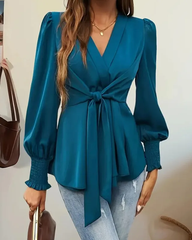 Elegant Tie Waist V-Neck Wrap Blouse made by zeagoo