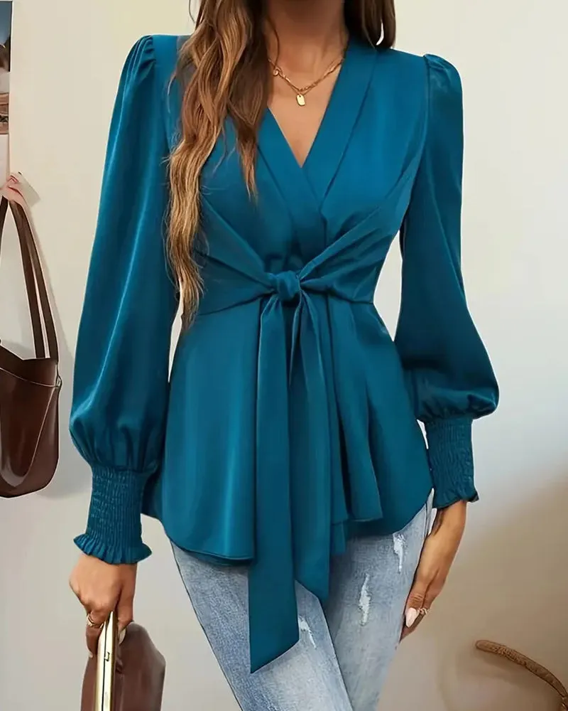 Elegant Tie Waist V-Neck Wrap Blouse sold by zeagoo