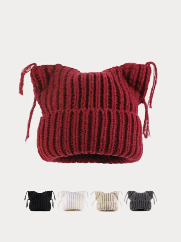 Unique Cats Ear Tassels Knit Beanie made by zeagoo
