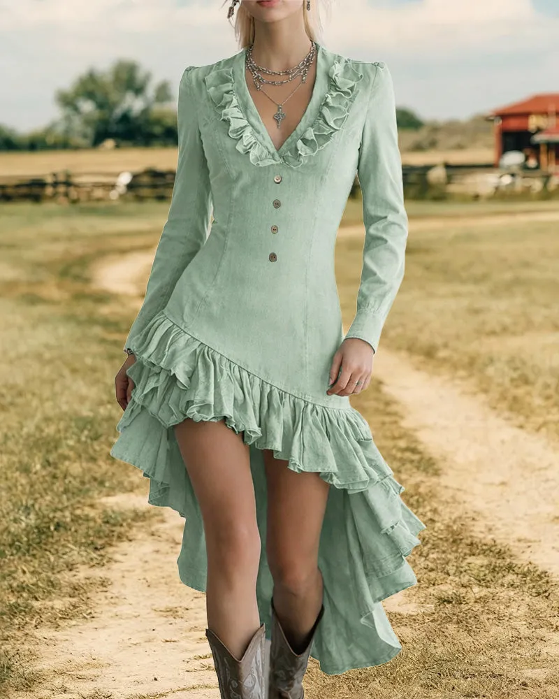 Western Style Ruffle Trim Denim Dress sold by zeagoo product image thumbnail 3