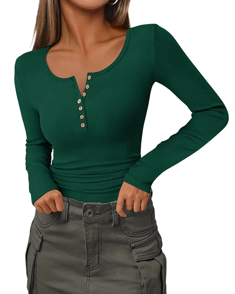 Slim Button Ribbed Knit Basic Tee Henley T Shirt (US Only) sold by zeagoo product image thumbnail 4