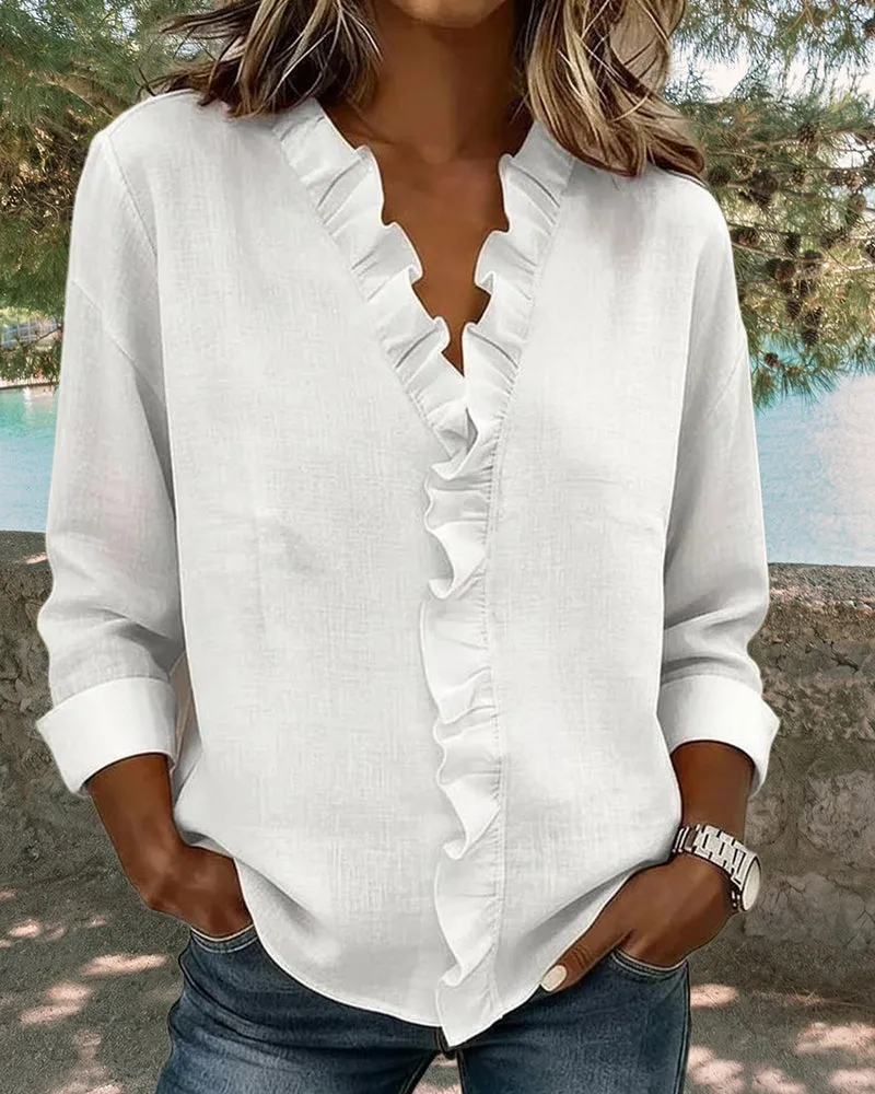 Zeagoo Elegant Casual Ruffle Trim V-Neck Long Sleeve Blouse for Women Cute Summer Casual 2026 | Under $40 sold by zeagoo product image thumbnail 2