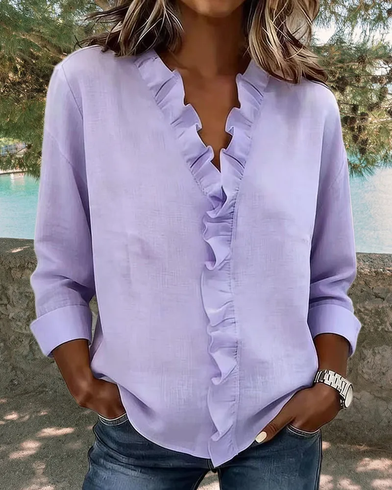 Zeagoo Elegant Casual Ruffle Trim V-Neck Long Sleeve Blouse for Women Cute Summer Casual 2026 | Under $40 sold by zeagoo product image thumbnail 4