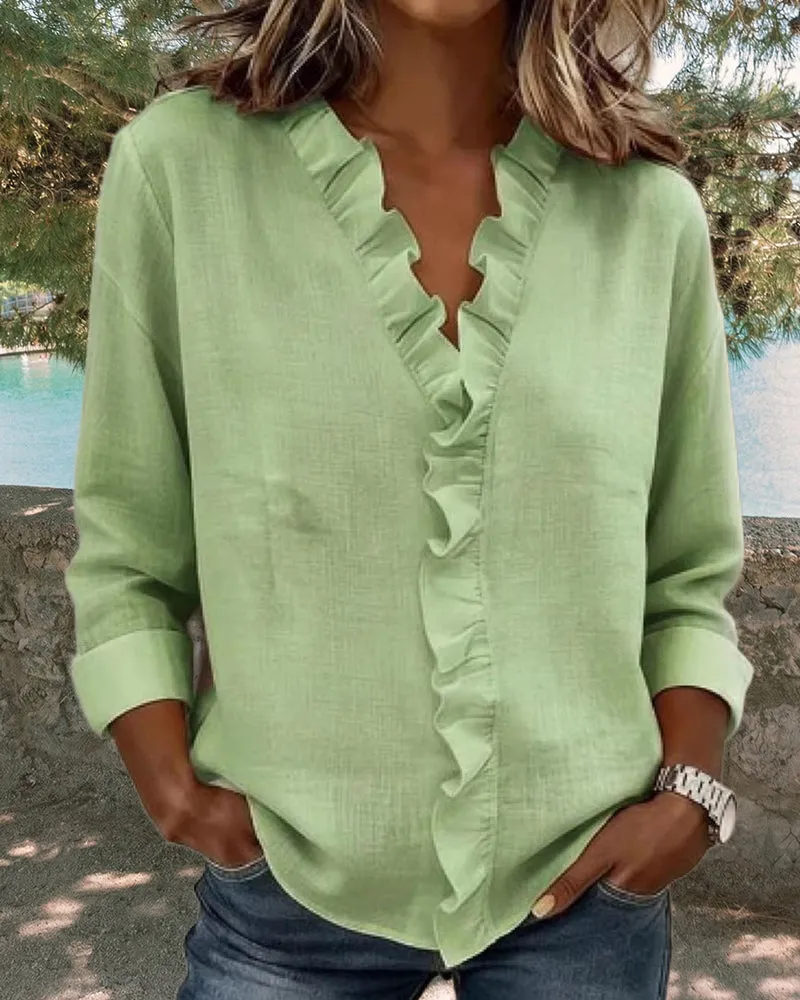 Zeagoo Elegant Casual Ruffle Trim V-Neck Long Sleeve Blouse for Women Cute Summer Casual 2026 | Under $40 sold by zeagoo