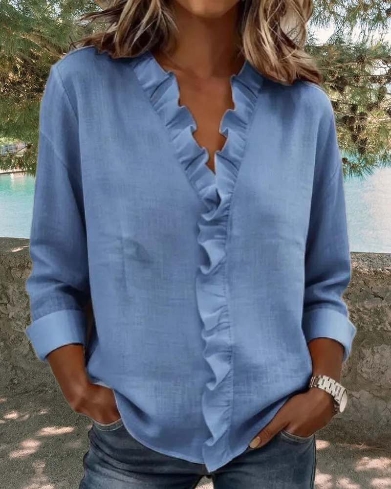 Zeagoo Elegant Casual Ruffle Trim V-Neck Long Sleeve Blouse for Women Cute Summer Casual 2026 | Under $40 sold by zeagoo product image thumbnail 5