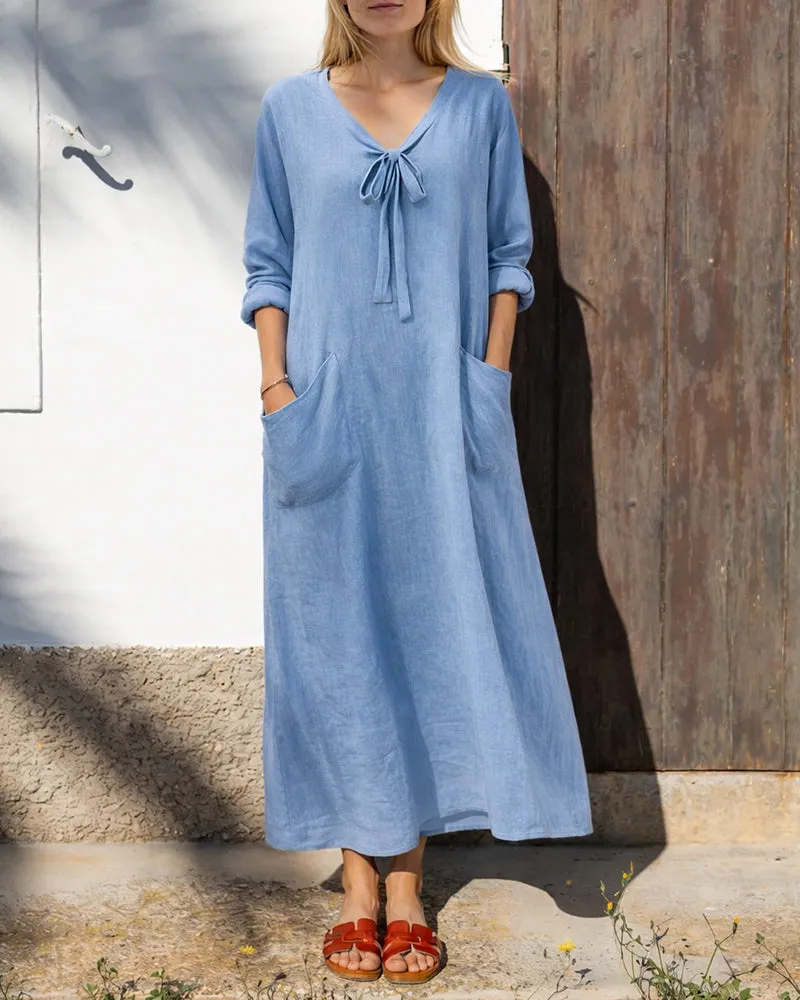 Essential Loose Fit A-Line Bow Tie Maxi Dress sold by zeagoo
