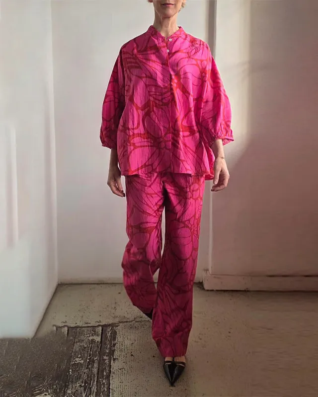 Summer Casual Print Linen Blend Blouse Pants Set made by zeagoo