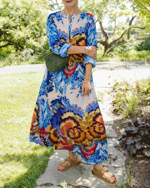 Artistic Floral Pattern Loose Fit Maxi Dress sold by zeagoo