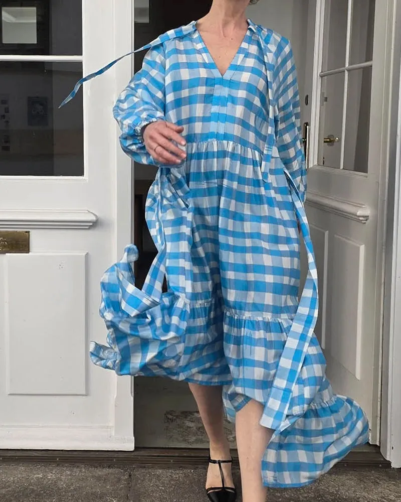 Relaxed Fit Plaid Printed Ruffled Hem Dress sold by zeagoo