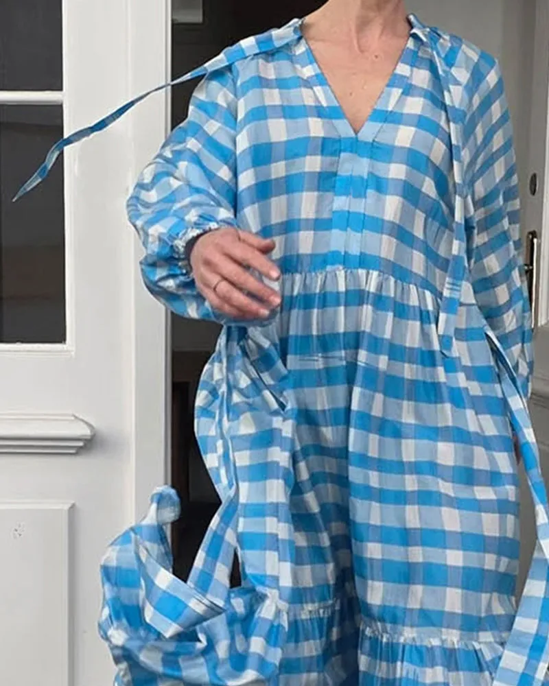 Relaxed Fit Plaid Printed Ruffled Hem Dress sold by zeagoo product image thumbnail 3